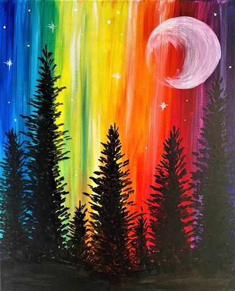 Rainbow Trees Rainbow Easy Painting, Rainbow Background Painting, Rainbows Paintings, Rainbow Sunset Painting, Acrylic Rainbow Painting, Canvas Rainbow Painting, Rainbow Painting Canvases, Easy Rainbow Painting, Painting Ideas Rainbow