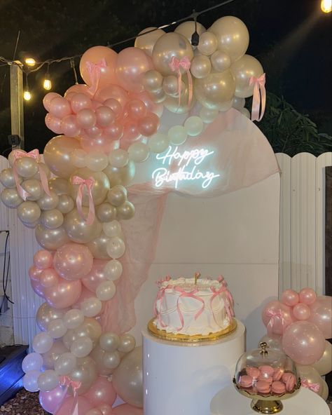 Embracing the bow life 🎀 Obsessed with how this decoration turned out 😍 during the day | during night time #balloons #birthdaypartyballoondecor #miamidecorations #coquetteaesthetic #coquettebirthdayparty #bowballoons #pearlsballoons #girlbirthdayparty #pinkballoongarland Coquette Themed Party Decor, Party Decorations 18th Birthday, Balon Decoration, Pink Birthday Balloons Decoration, Birthday Themes Pink, Birthday Ideas For Sweet 16, 18th Birthday Party Ideas Pink And Gold, 17 Birthday Ideas Decoration, Birthday Girl Ideas