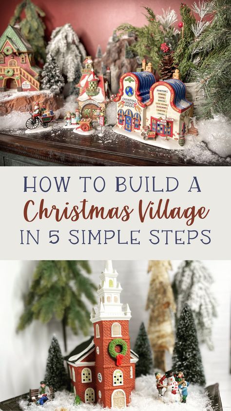 Small Christmas Village Display Ideas Diy, Small Christmas Village Display, Diy Christmas Village Accessories, Small Christmas Village, Diy Christmas Village Platform, Holiday Village Display, Christmas Tree Village Display, Diy Christmas Village Displays, Department 56 Christmas Village