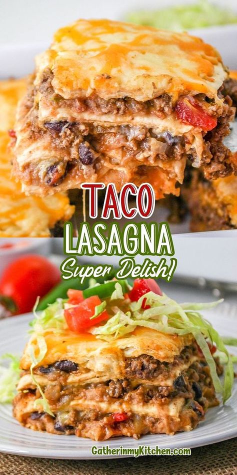 Whip up a delicious dinner in no time with this Quick & Easy Taco Lasagna recipe. A perfect blend of convenience and taste, this dish layers tortillas, ground beef, and beans, topped with cheese and baked to perfection. It's the ideal solution for a hassle-free meal that doesn't compromise on flavor. Easy Taco Recipes Beef, Taco Lasagna Recipe Tortilla, Hot Corn Casserole, Easy Taco Lasagna, Mexican Lasagna With Tortillas, Recipe Using Tortillas, Mexican Lasagna Recipe, Taco Lasagna Recipe, Lasagna Dinner