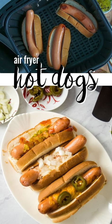 Air fryer hot dogs are a quick and easy recipe! Cooking hot dogs in an air fryer gives you perfectly cooked hot dogs with little effort. You can even air fryer frozen hot dogs! Hot Dogs In Air Fryer, Air Fryer Brats, Air Fryer Hot Dogs, Brats Recipes, Fried Hot Dogs, Cooks Air Fryer, Hot Sausage, Best Air Fryers, Grilled Onions