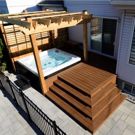 Small Deck With Hot Tub, Deck Around Hot Tub, Patio Railings, Skirting Ideas, Hot Tub Privacy, Deck Skirting, Deck Remodel, Hot Tub Patio, Yard Inspiration