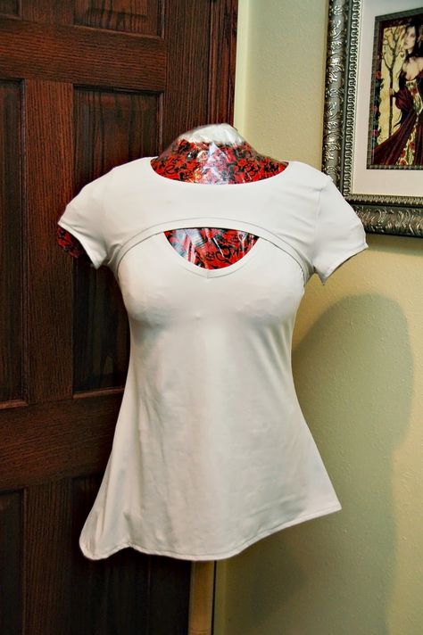 A few years ago, I pinned this picture on my Things To Make board on Pinterest.  I love the look of this top, and figured I could just hack a t-shirt pattern or something to make it. As part of my … Keyhole Shirt, Overlay Top, Keyhole Top, Pattern Hack, Upcycle Sewing, Tshirt Pattern, How To Make Clothes, Top Pattern, Needle And Thread