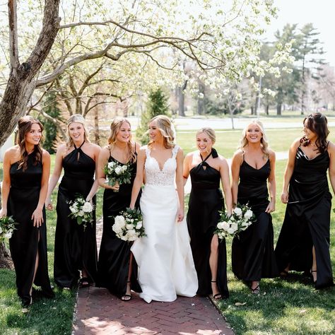 Color you love: Black! 🖤 It’s classic, modern, and so timeless... a roundup of our favorites worn by YOU! #BIRDYGREY #birdyinthewild Featuring the Crepe and Shiny Satin Black bridesmaid dresses 📸: 1) @annenoelphotos 2) @carhartphotography 3) @vibeycreative 4) @jillstuefer Black Silk Dress Bridesmaid, Black Fall Bridesmaid Dresses, Clay Bridesmaid Dresses, Black Bridesmaid Dresses Fall Wedding, Summer Wedding Black Bridesmaid Dresses, Black Bridesmaid Dresses With Bride, Black Bridesmaid Dresses Aesthetic, Satin Black Bridesmaid Dresses, Black Satin Bridesmaids