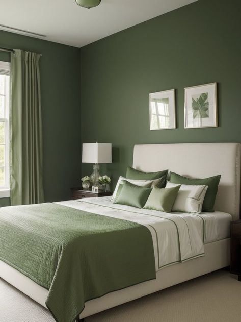 Light Green Bedrooms, Olive Green Bedrooms, Green Bedroom Walls, Colored Furniture, Green Bedroom Decor, Room Color Combination, Green Accent Walls, Guest Bedroom Design, Sage Green Bedroom