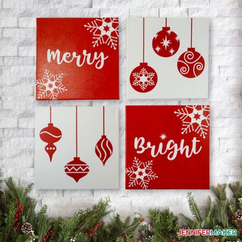 Diy Christmas Canvas, Jennifer Maker, Affordable Wall Decor, Wall Art Tutorial, Diy Christmas Paintings, Holiday Canvas, Christmas Canvas Art, Wall Decor Christmas, Stencil Vinyl