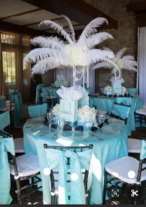 Tiffany Blue Party Theme, Tiffany Blue Party Decorations, Tiffany Co Party Ideas, Tiffany Blue Sweet 16, Senior Tea, Tiffany Baby Shower Theme, Tiffany Theme Party, Tiffany Blue Party, Breakfast At Tiffanys Party Ideas