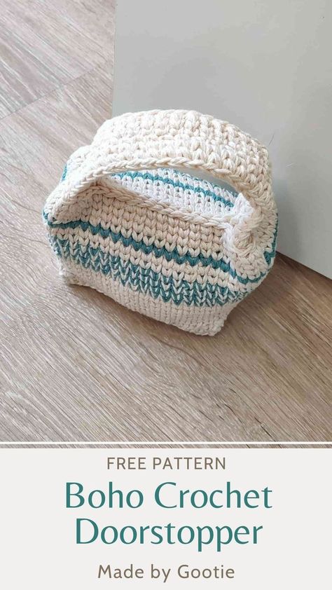 This crochet door stopper pattern is an easy project, that works up quickly! The doorstop is worked in a rectangle shaped in the round. Add a beautiful and practical item to your home! #crochetdoorstop #doorstopperfreepattern #crochetdoorstopper #rectangledoorstopper #howtocrochetadoorstopper Crochet Door Stopper, Crochet Doorstop, Doorstop Pattern, Boho Door, Crochet Bloggers, Crochet Beach Bags, Crochet Knit Stitches, Crochet Girls, Crochet Home Decor