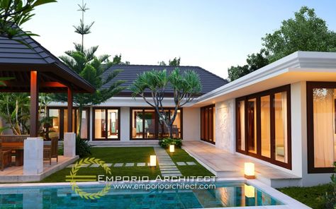 Desain Villa Sandy Jasa arsitek desain rumah berkualitas, desain villa bali modern tropis, profesional berpengalaman dari Emporio Architect. Tropical House Plans, Wooden Range, Bali Style Home, Swimming Ponds, Home Designs Exterior, Modern Tropical House, Tropical House Design, Hood Ideas, Emporio Architect