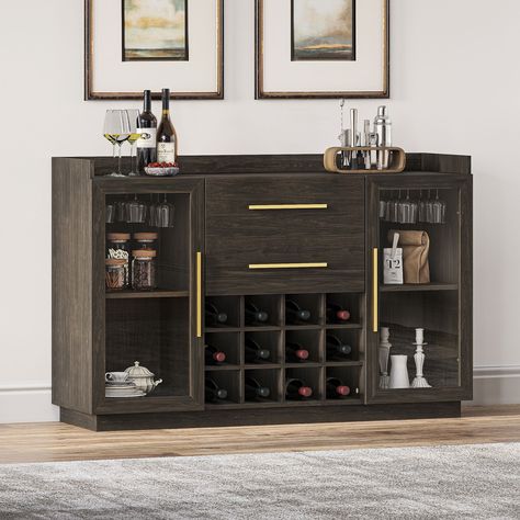 BELLEZE 55" Wine Cabinet, Sideboard Buffet with Wine Rack and Glass Holder, Home Coffee Bar Freestanding Liquor Cabinet with Display Glass Doors for Living Room, Dining Room - Marcel (Brown) - Walmart.com Dining Room Bar Ideas, Buffet With Wine Rack, Living Room Bar Cabinet, Doors For Living Room, Sideboard With Wine Rack, Kitchen Credenza, Tv Credenza, Farmhouse Style Dining Room, Cabinet Sideboard