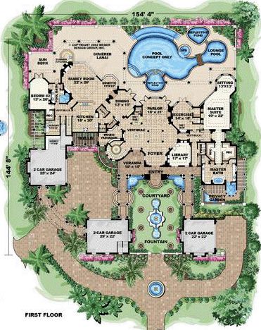 House Plan 60489 - Mediterranean Style with 9870 Sq Ft, 6 Bed, 6 Bath, 1 Half Bath | COOLhouseplans.com Hacienda House, Mediterranean Courtyard, Mediterranean House Plan, Mediterranean Style House Plans, Mediterranean House, Mansion Floor Plan, Monster House Plans, Monster House, Country Homes