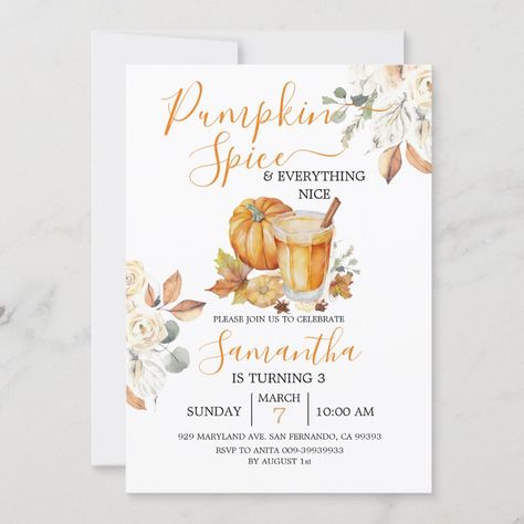 Pumpkin Spice and Everything Nice 3rd Birthday 3rd Birthday Invitation, Girls 3rd Birthday, Nice Baby, Pumpkin Spice And Everything Nice, Baby Shower Pumpkin, 3rd Birthday Parties, 3rd Birthday, Baby Announcement, Pumpkin Spice