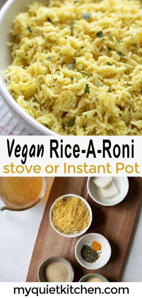 Homemade Vegan Rice-a-Roni is a perfect side dish for any meal. It's every bit as fluffy, buttery, and delicious as the boxed stuff you enjoyed as a kid, but made dairy free and vegan! You'll love how easy it is to prepare, too, whether cooked on the stovetop or in an Instant Pot. Vegan Rice Recipes Dinners, Vegan Rice Dinner Recipes, Easy Vegan Rice Dishes, Vegan Rice Dishes Dinners, Easy Vegan Rice Recipes, Vegan Creamy Rice, Vegan Rice Instant Pot Recipes, Dairy Free Rice Recipes, Vegan Rice Cooker Recipes