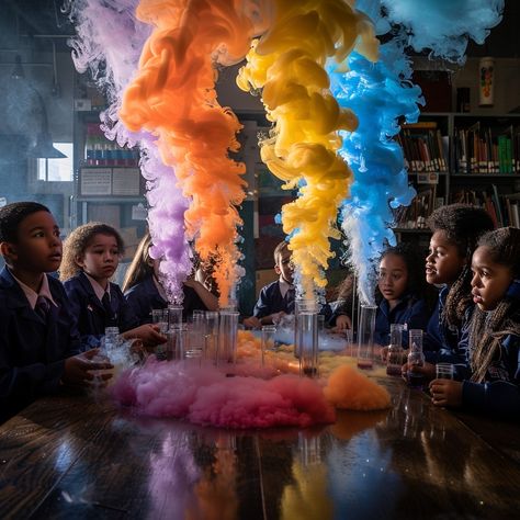 Colorful Science Experiment: Students watch with amazement as a colorful chemical reaction unfolds during a captivating science class. #science #experiment #students #colorful #chemistry #education #awe #reaction #aiart #aiphoto #stockcake https://ayr.app/l/PRjY Cool Chemical Reactions, Fire Science, Chemistry Education, Chemical Reaction, Chemical Reactions, Science Experiment, Dim Lighting, Science Experiments, Creative Words