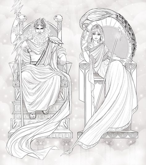 Characters Tattoo Ideas, Hera Fanart, Greek Myth Tattoo, Zeus Fanart, Hera And Zeus, Hera Goddess, Zeus God, Percy Jackson Drawings, The Greek Gods