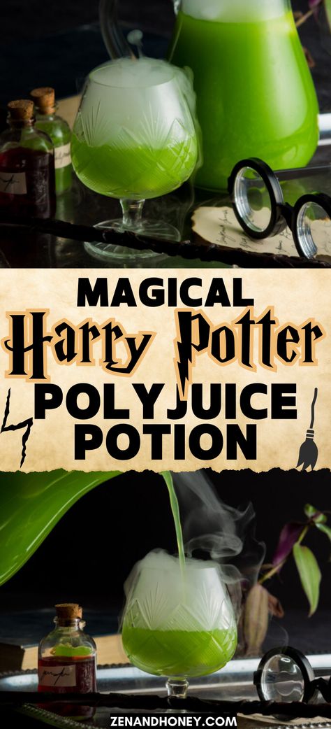 This magical Polyjuice Potion drink is the perfect Harry Potter party punch. Green, fizzy and extremely easy to make punch recipe that your party guests (known as muggles) will obsess over. Harry Potter Themed Alcoholic Drinks, Harry Potter Mocktails Kids, Harry Potter Polly Juice Potion, Easy Harry Potter Cocktails, Harry Potter Potion Cocktails, Harry Potter Beverages, Poly Juice Potion Recipe Alcoholic, Harry Potter Non Alcoholic Drink Recipes, Halloween Potion Drinks