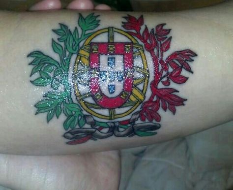 Portuguese tattoo idea Portugal Flag Tattoo, Portuguese Flag Tattoo, Azores Tattoo Ideas, Portuguese Tattoo Ideas, Portuguese Tattoo, Portuguese Flag, Portugal Flag, Flag Tattoo, Warrior Tattoos