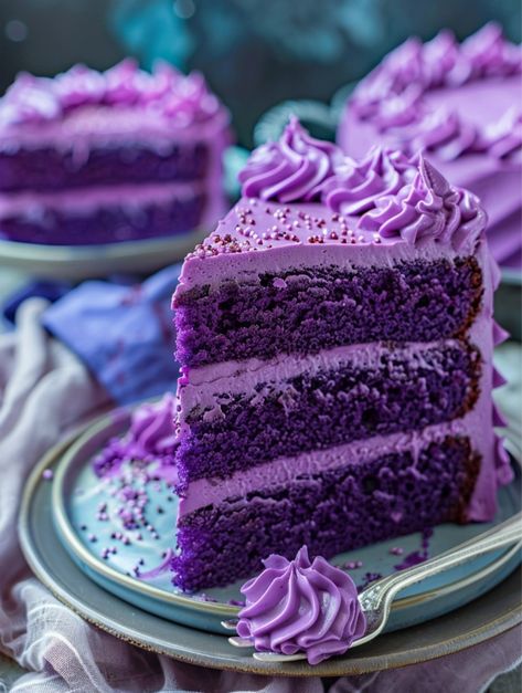 Purple Velvet Cake    Ingredients ❤️  - 2 1/2 cups all-purpose flour - 1 1/2 cups granulated sugar - 1 teaspoon baking soda - 1 teaspoon salt - 1 teaspoon cocoa powder - 1 1/2 cups vegetable oil - 1 cup buttermilk, room temperature - 2 large eggs, room temperature - 2 tablespoons purple food coloring - 1 teaspoon vanilla extract - 1 teaspoon white vinegar Purple Velvet Cake, Purple Velvet Cakes, Confectionery Shop, Velvet Desserts, Purple Desserts, Velvet Cakes, Food Deserts, Purple Food Coloring, Purple Food