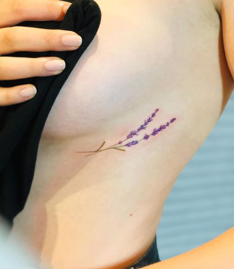 Lavender Tattoo Side Rib, Lavender Side Tattoo, Lavender Tattoo Ribs, Lavender Tattoo Back, Lavender Rib Tattoo, Dainty Underboob Tattoo, Side Underboob Tattoo, Small Lavender Tattoo, Underboob Rib Tattoo