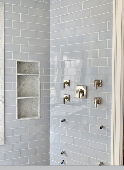 Subway Tile Master Bath, Cream Subway Tile Bathroom, Primary Bathroom Tile, Nantucket Bathroom, Bathroom Niche, Subway Tile Showers, Subway Tiles Bathroom, Boy Bath, Timeless Bathroom