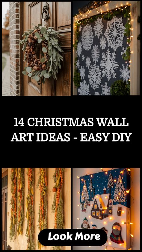 Christmas wall art ideas, including wreaths, snowflakes, garlands, and a festive village display. Diy Holiday Wall Decor, Christmas Large Wall Decor, Christmas Wall Hangings Ideas, Christmas Wall Decorations Ideas, Christmas Art Diy, Christmas Wall Art Diy, Diy Christmas Wall Art, Christmas Wall Decor Ideas, Christmas Wall Decorations