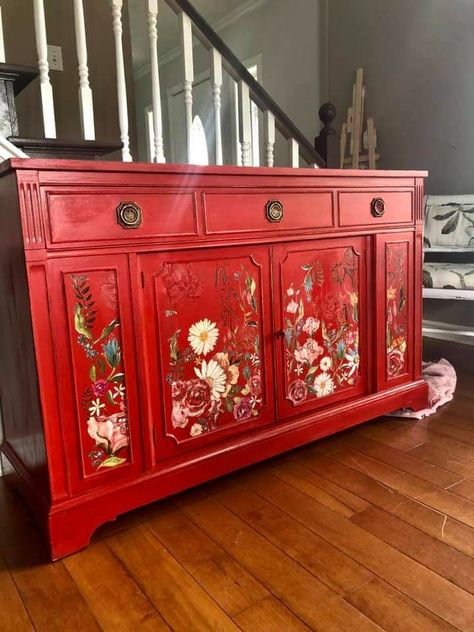 Red Dressers Painted, Red Cabinet, Red Painted Furniture, Red Dresser, Red Cabinets, Revamp Furniture, Red Furniture, Entry Furniture, Painted Cupboards