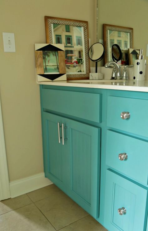 ORC – Week 5 – Turquoise Bathroom Vanity Turquoise Vanity Bathroom, Turquoise Bathroom Vanity, Turquoise Vanity, Turquoise Bathroom, Laundry Mudroom, Vintage Affliction, Kitchen Decals, Polished Nickel Hardware, Amy Howard