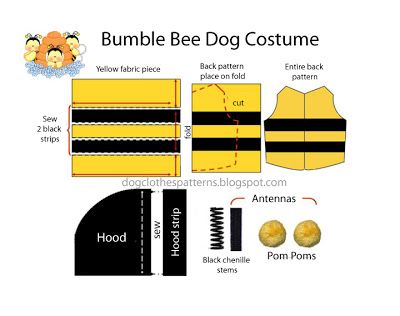 dog bee costume pattern Dog Bumble Bee Costume, Costume Patterns Free, Free Dog Clothes Patterns, Bee Costume Diy, Costume For Dogs, Cute Dog Costumes, Bumble Bee Costume, Dog Sewing, Bee Dog