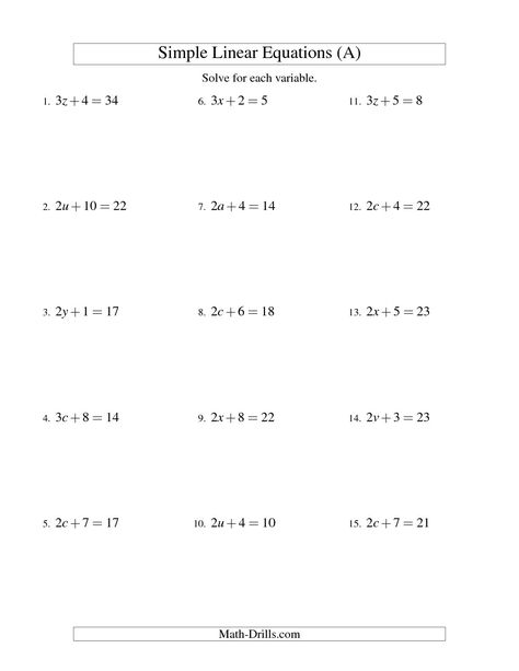 The Solving Linear Equations -- Form ax + b = c (A) math worksheet from the Algebra Worksheet page at Math-Drills.com. 10th Grade Math Worksheets, Linear Equations Worksheet, Algebra Equations Worksheets, Multi Step Equations Worksheets, 8th Grade Math Worksheets, Evaluating Algebraic Expressions, Pre Algebra Worksheets, Literal Equations, Basic Algebra