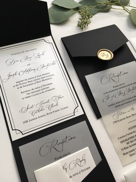 Wedding Card Black And Gold, Fancy Quince Invitations, Black And Grey Wedding Invitations, Classical Wedding Invitations, Wedding Elegant Invitations, Black Invitations Wedding, Black Wedding Invitation Cards, Black Embossed Wedding Invitations, High End Wedding Invitations