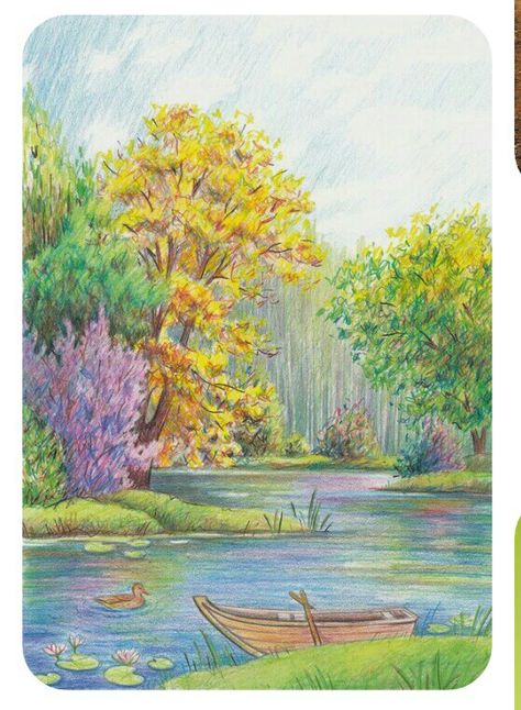 Drawing Ideas Landscape Pencil Colour, Colored Pencil Landscape Sketch, Colored Pencil Card Ideas, Drawing Color Pencil Ideas, Scenery With Pencil Colour, Nature Colour Pencil Drawing, Drawing Of Nature Colour, Pencil Color Scenery, Coloured Pencil Landscape Drawings