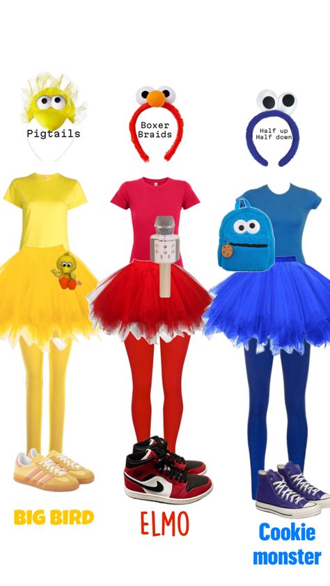 Yay Sesame Street Costume, Trio Costumes, Halloween Costumes Ideas, Trio Halloween Costumes, Costumes Ideas, Sesame Street, Halloween Outfits, Halloween Costumes, Halloween