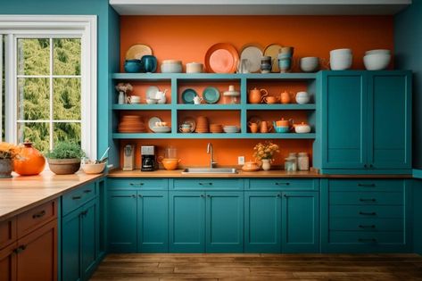 Orange And Turquoise Kitchen, Orange And Teal Kitchen, Teal Orange Kitchen, Turquoise Kitchen Walls, Teal Kitchen Cupboards, Teal Cabinets Kitchen, Red And Teal Kitchen, Turquoise Kitchen Cabinets, Coral Kitchen