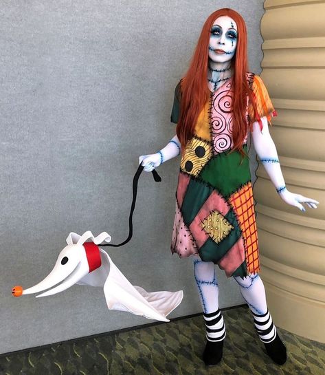 Jack And Sally Costumes, Sally Halloween Costume, Sally And Zero, Nightmare Before Christmas Costume, White Mansion, Sally Costume, Creepy Halloween Makeup, Sally Nightmare Before Christmas, Black Halloween Dress