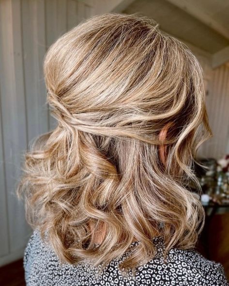 Mother of the Bride Medium Half-Up Hairstyle Updos For Medium Length Curly Hair, Special Occasion Hairstyles Medium, Wedding Hair Mother Of Bride, Mob Makeup, Groom Hair, Mother Of The Bride Hairstyles, Mother Of The Groom Hairstyles, About Mother, Madison Wedding