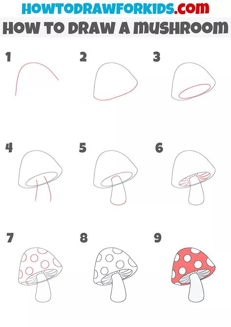 How to Draw a Mushroom Step by Step - Drawing Tutorial For Kids Draw A Mushroom Easy, Mushroom Step By Step Drawing, Painting Mushrooms Easy, Pictures Of Mushrooms To Draw, Paint Mushrooms Easy, Mushroom Tutorial Drawing, Easy Mushroom Drawing Step By Step, How To Draw A Mushroom House, Chalk Mushrooms