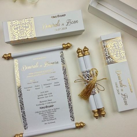 Kasut Pengantin, Embossed Wedding Invitations, Scroll Wedding Invitations, Scroll Invitation, White And Gold Wedding, Quince Invitations, Unique Wedding Cards, Indian Wedding Invitation Cards, Acrylic Wedding Invitations