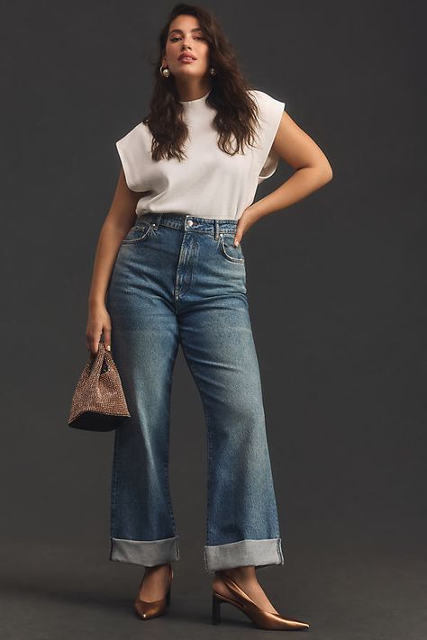 Finished with a statement cuff, the top-rated Austyn is relaxed just-so from hip through ankle, and is offered in a classic high rise. | The Austyn High-Rise Cuffed Wide-Leg Jeans by Pilcro in Blue, Women's, Size: 23, Cotton/Elastane/Lyocell at Anthropologie Wide Leg Jeans Outfit Summer Plus Size, Anthropology Womens Clothing, Classy Ripped Jeans Outfit, Size 10 Fashion For Women, Elevated Basics Plus Size, Anthropologie Clothing Outfits, Elegant Fall Fashion, Outfits For Size 12 Women Body Types, Teacher Style Plus Size