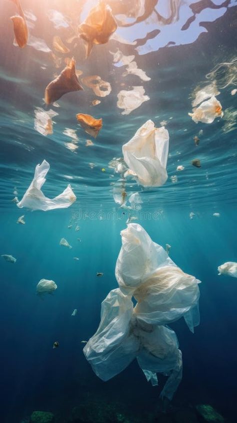 Plastic bags polluting the oceans and endangering marine life stock images Plastic Ocean Pollution Art, Sea Plastic Art, Ocean Clean Up, Underwater Pollution, Water Pollution Images, Ocean Pollution Art, Plastic In Ocean, Plastic Pollution Art, Polluted Ocean