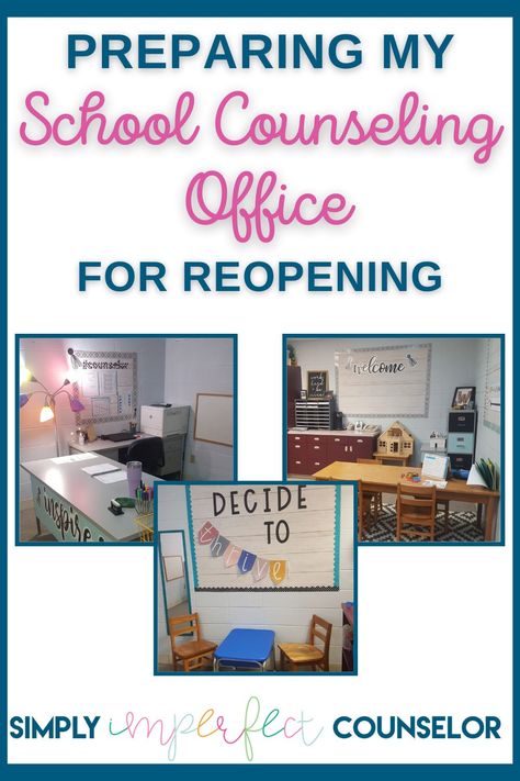 How I'm Preparing My School Counseling Office for Reopening - Simply Imperfect Counselor High School Counselors Office, Elementary School Counselor Office, School Counselor Classroom, School Counseling Office Decor, School Counselor Bulletin Boards, Guidance Office, School Counselor Office Decor, Middle School Counselor, Counseling Office Decor