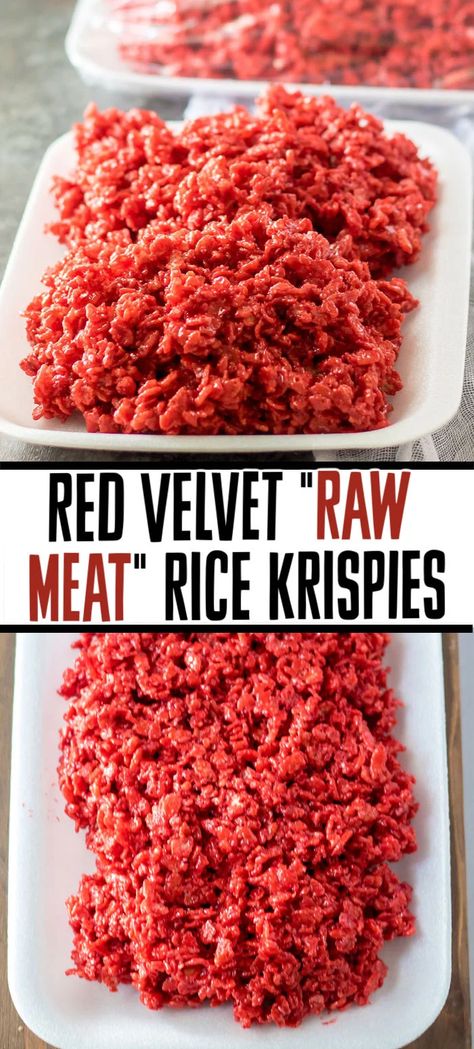 Give your rice krispie treats a spooky upgrade and make these red velvet "raw meat" rice krispie treats! It only takes a few ingredients and a few minutes to put together these tasty Halloween treats but your guests won't forget them! | www.persnicketyplates.com Rice Krispie Raw Meat, Rice Krispies Halloween Treats, Halloween Treats With Rice Krispies, Rice Crispy Meat Halloween, Halloween Treats Spooky, Gross Food Halloween, Red Velvet Rice Krispie Treats Halloween, Halloween Treats For Potluck, Halloween Food Gross