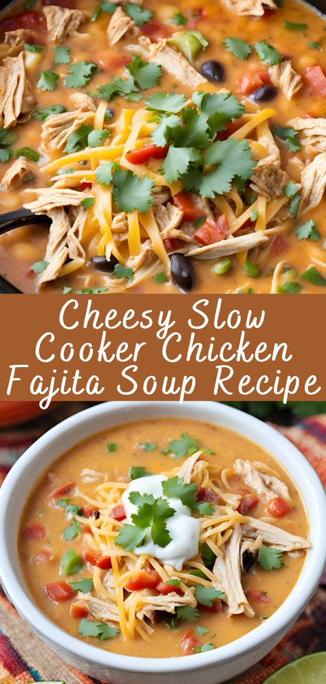 Cheesy Slow Cooker Chicken Fajita Soup Recipe | Cheff Recipes Creamy Fajita Soup, Chicken With Soup Recipes, Cheesy Chicken Fajita Soup, Crockpot Fajita Soup, Chicken Fajitas Crockpot Soup, Creamy Chicken Fajita Soup Crockpot, Low Carb Chicken Fajita Soup, Crock Pot Chicken Fajita Soup, Mexican Chicken Slow Cooker Recipes