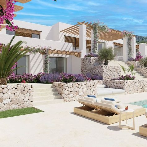 Ibiza Home Exterior, Ibiza Houses Architecture, Ibiza Beach House, Mediterranean Houses Exterior, Modern Greek House Exterior, Greek House Exterior, Luxury Beach House Exterior, Greek House Design, Greek Beach House