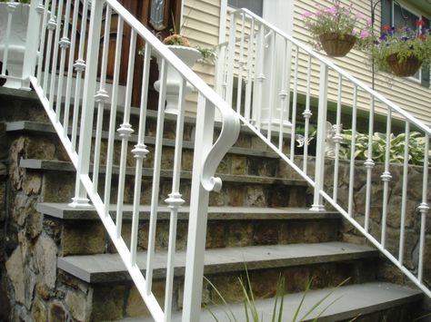 White Wrought Iron Railing White Wrought Iron Railing, Home Renovation Outside, Screened In Porch Plans, Wrought Iron Porch Railings, Painted Stair Railings, Veranda Railing, Iron Railings Outdoor, Outdoor Handrail, Outdoor Stair Railing