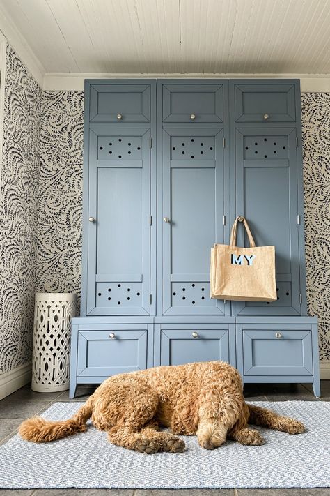 Mudrooms are meant to be the spot in your home where you can take off muddy boots before entering the rest of the house. I am so thankful we have such a space! Especially since we live on a farm! However, this space was becoming a pain point in our home and we were in need of a mudroom refresh. Entry Cabinets, Laundry Room Blue, Mudroom Locker, Mudroom Entry, Entry Cabinet, Entryway Storage Cabinet, Closet Storage Systems, Mudroom Laundry, Muddy Boots