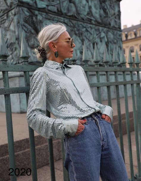 Grace Ghanem, Missed You, Grece Ghanem, Grey Knitwear, Silver Shirt, Denim Street Style, Sequin Outfit, 2020 Fashion Trends, Sequin Shirt