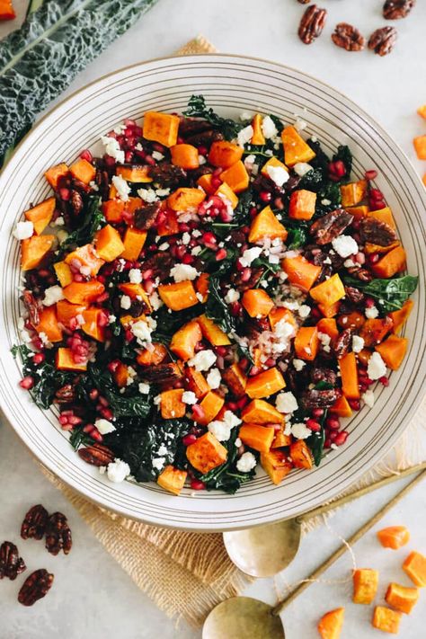 Fall Butternut Squash Salad - The Healthy Maven Apple Cider Vinegar Dressing, Cider Vinegar Dressing, Healthy Lunch Salad, Butternut Squash Kale, Butternut Squash Apple, Different Salads, Clean Eating Salads, Butternut Squash Salad, Pecan Salad