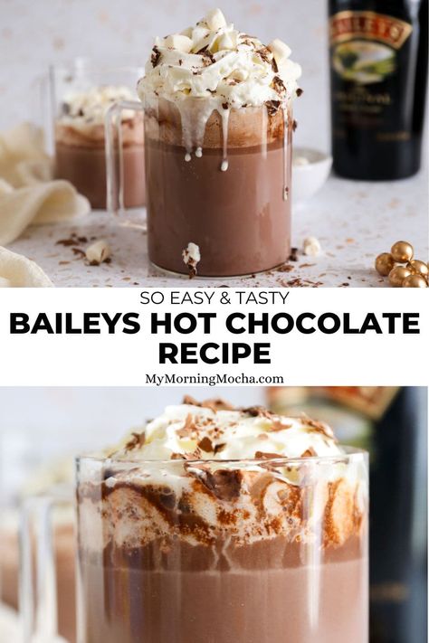 Here's+how+to+make+the+best+hot+chocolate+with+Baileys+Irish+Cream.+It+takes+just+5+minutes+to+make,+and+it+tastes+so+good.+via+@MyMorningMocha Bailey’s Irish Cream Hot Chocolate, Baileys Irish Cream Gift Basket Ideas, Recipes With Baileys S’mores, Recipes With Baileys Irish Cream, Baileys Hot Chocolate Recipe, Drinks With Baileys, Hot Chocolate With Baileys, Irish Cream Hot Chocolate, Hot Chocolate Baileys