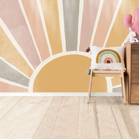 Retro Sun Wallpaper, Sun Mural Wall, Class Mural, Sun Mural, Boho Mural, Geometric Wall Mural, Children Wall Art, Sun Wallpaper, Mystery House