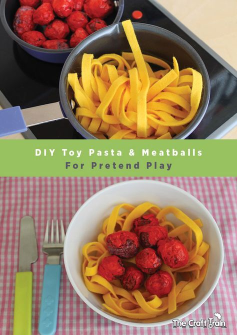 Felt Dramatic Play Easy Diy, Felt Spaghetti And Meatballs, Diy Felt Pasta, Pretend Play Activities For Toddlers, Felt Toy Food, Felt Spaghetti, Diy Play Kitchen Accessories, Felt Noodles, Homemade Toys For Kids